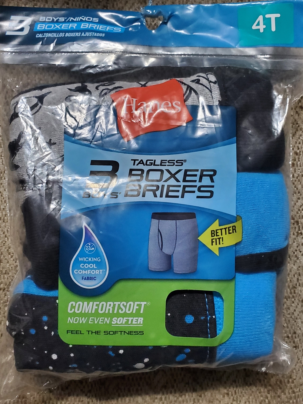 Hanes Boys' Size 4T Tagless Boxer Briefs - Blue & Black (3-Pack)